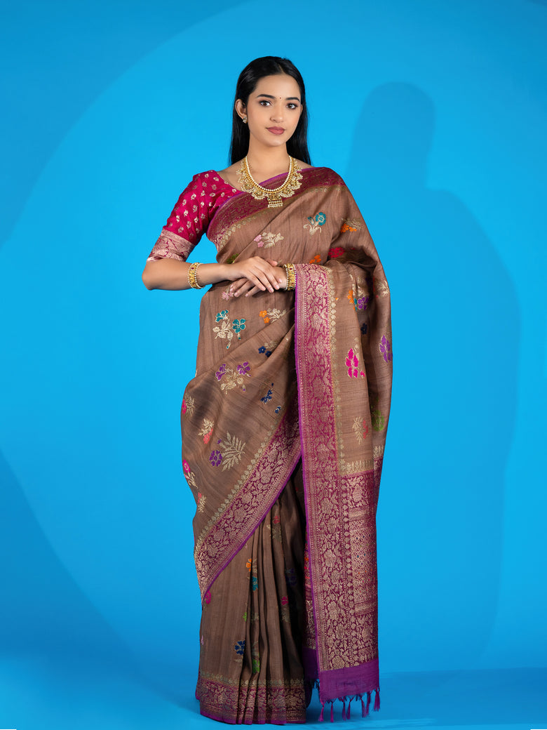 Tussore Georgette Saree Brown In Colour