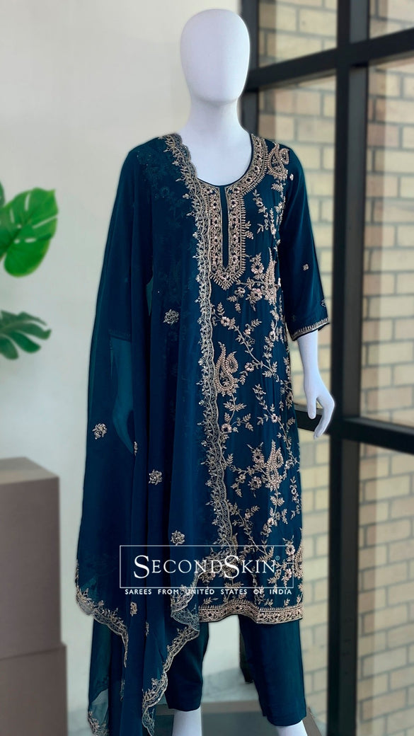 Straight Cut Suit Teal-Blue In Colour