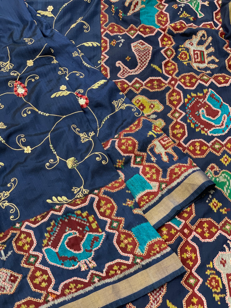 Patola Silk Saree Navy-Blue In Color