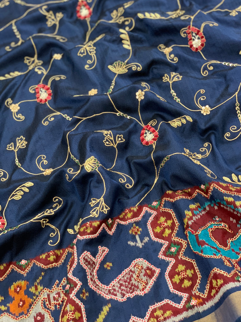 Patola Silk Saree Navy-Blue In Color