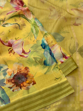 Silk Kota Floral Print Saree Yellow In Colour