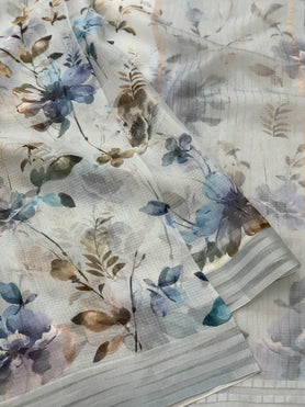Silk Kota Floral Print Saree Light-Grey In Colour
