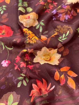 Silk Kota Floral Print Saree Dark-Brown In Colour