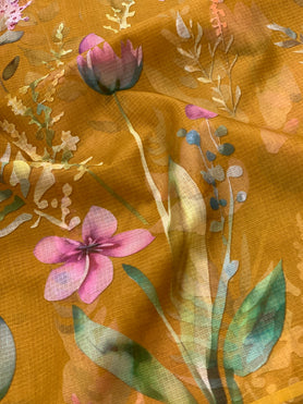 Silk Kota Floral Print Saree Mustard In Colour