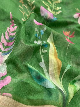 Cotton Kota Floral Print Saree Parrot-Green In Colour