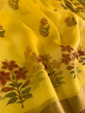 Organza Prints Saree Yellow In Colour