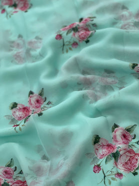 Chiffon Floral Print Saree Ice-Blue In Colour