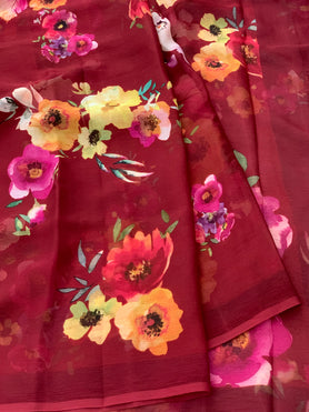 Chiffon Floral Print Saree Brick-Red In Colour