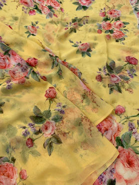 Georgette Floral Print Saree Yellow In Colour