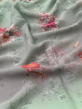 Georgette Floral Print Saree Sea-Green In Colour