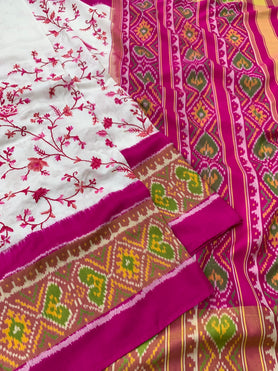 Rajkot Patola Floral Embroidery Saree White In Colour
