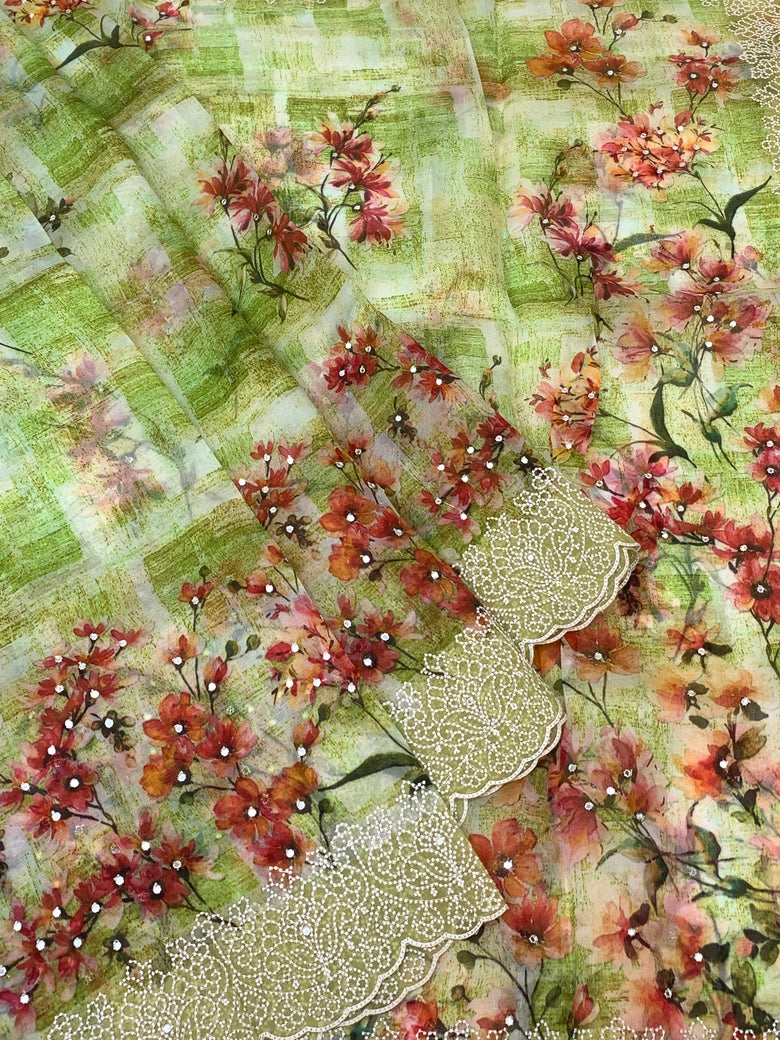 Organza Saree Green In Colour