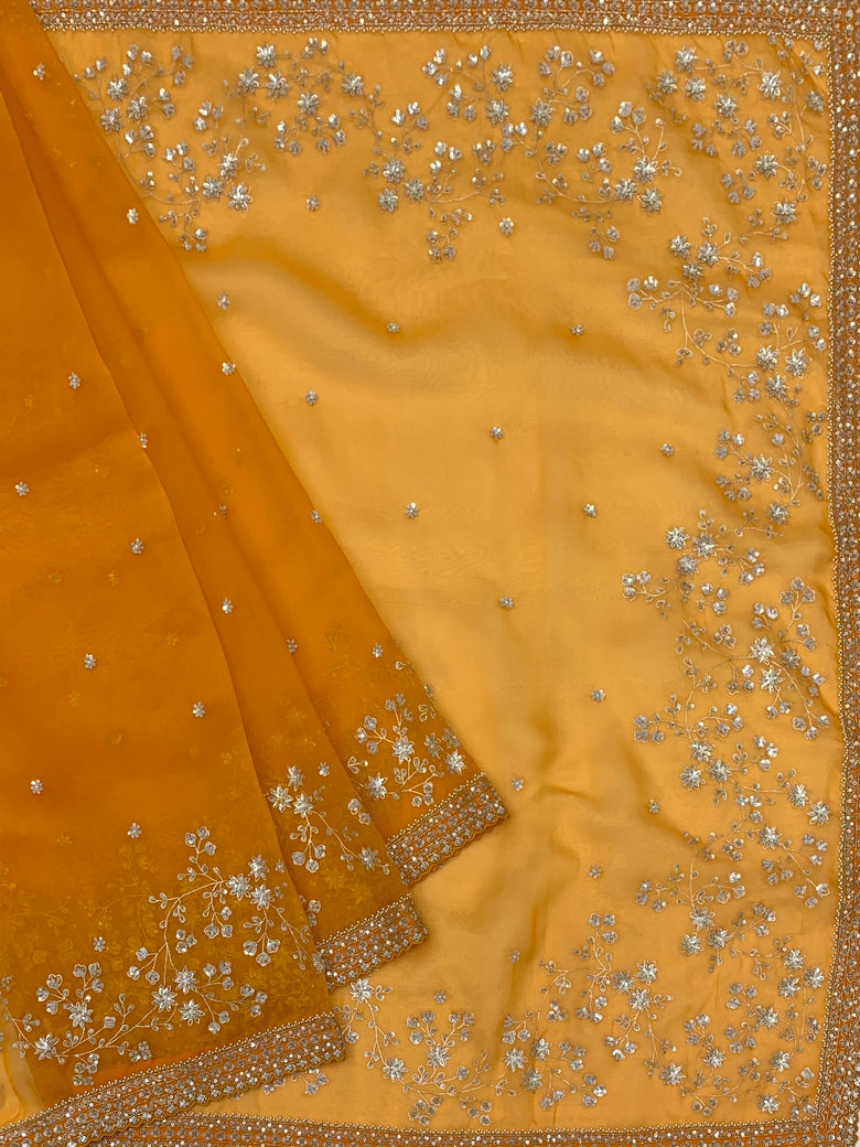 Orange Organza Saree With Readymade Blouse