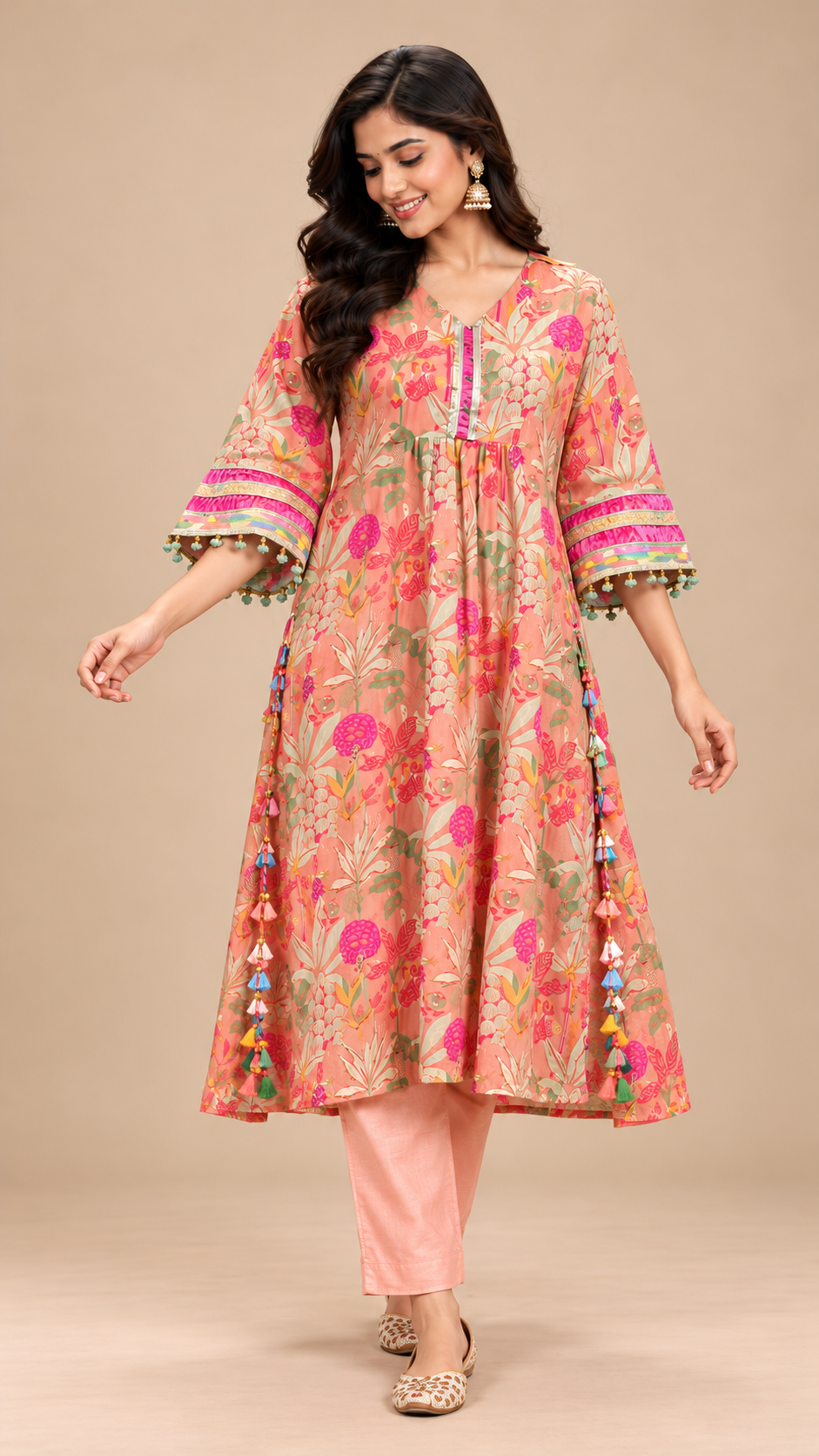 Peach Floral Printed Silk Gathered Flared Kurta Pant Set