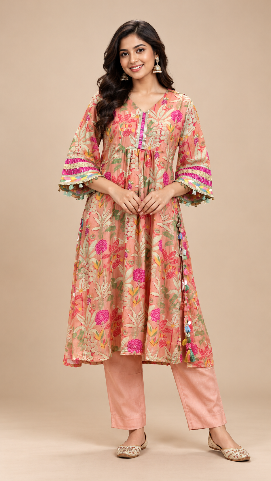 Peach Floral Printed Silk Gathered Flared Kurta Pant Set
