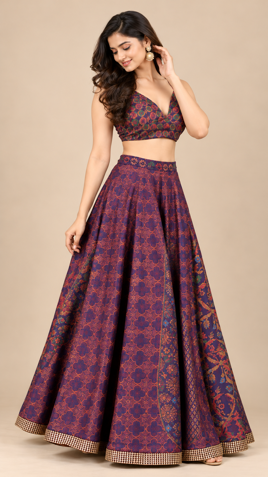 Elegant Purple Silk Printed Peplum Sharara Set with Golden Border