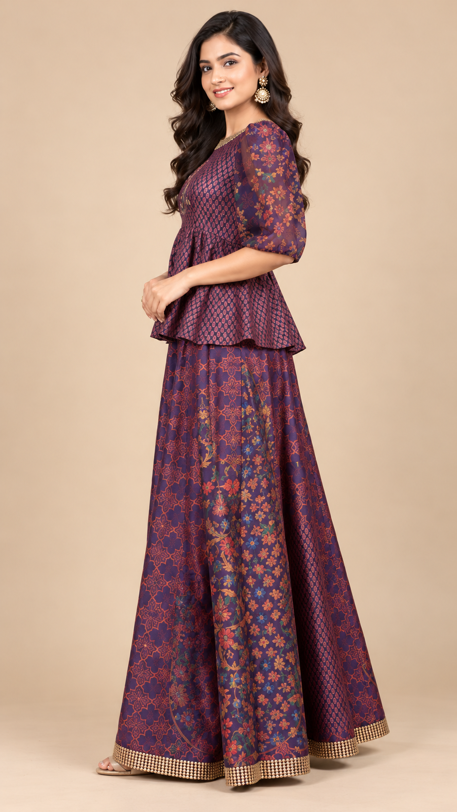 Elegant Purple Silk Printed Peplum Sharara Set with Golden Border