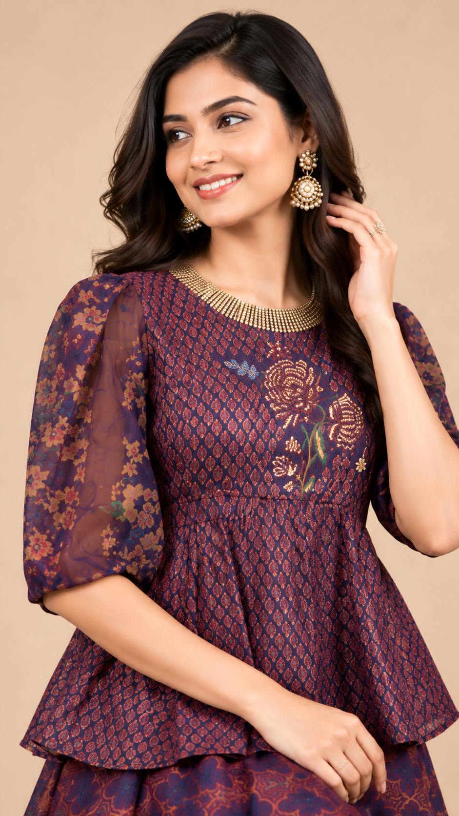 Elegant Purple Silk Printed Peplum Sharara Set with Golden Border