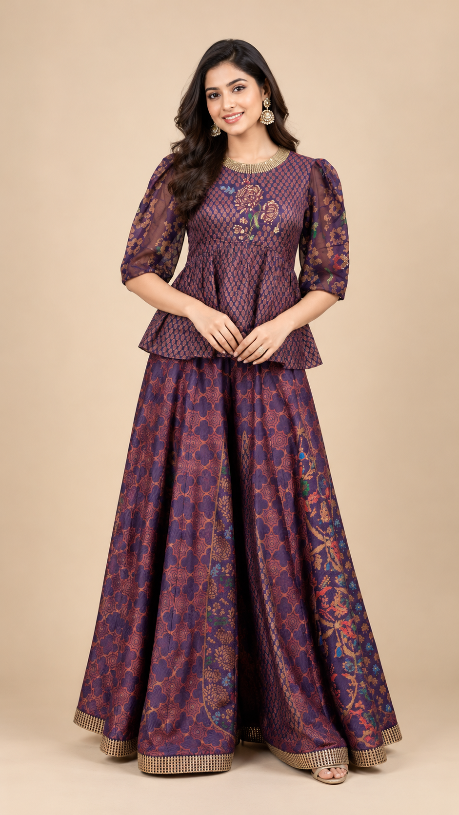 Elegant Purple Silk Printed Peplum Sharara Set with Golden Border