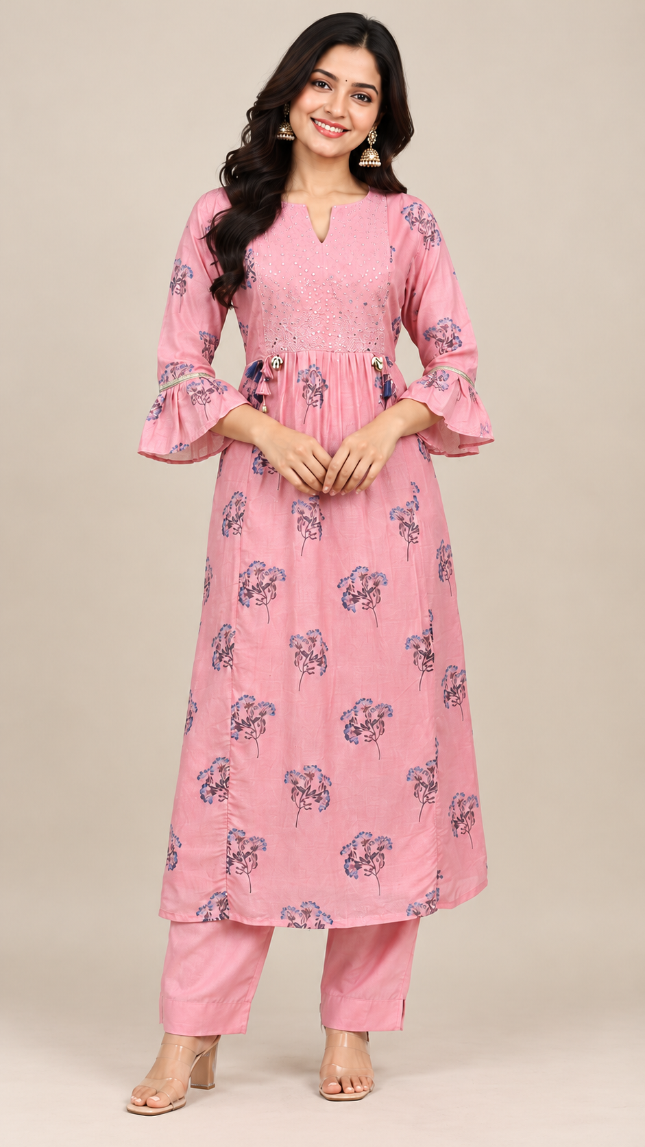 Elegant Baby Pink Floral Printed Soft Silk Kurta Pant Set