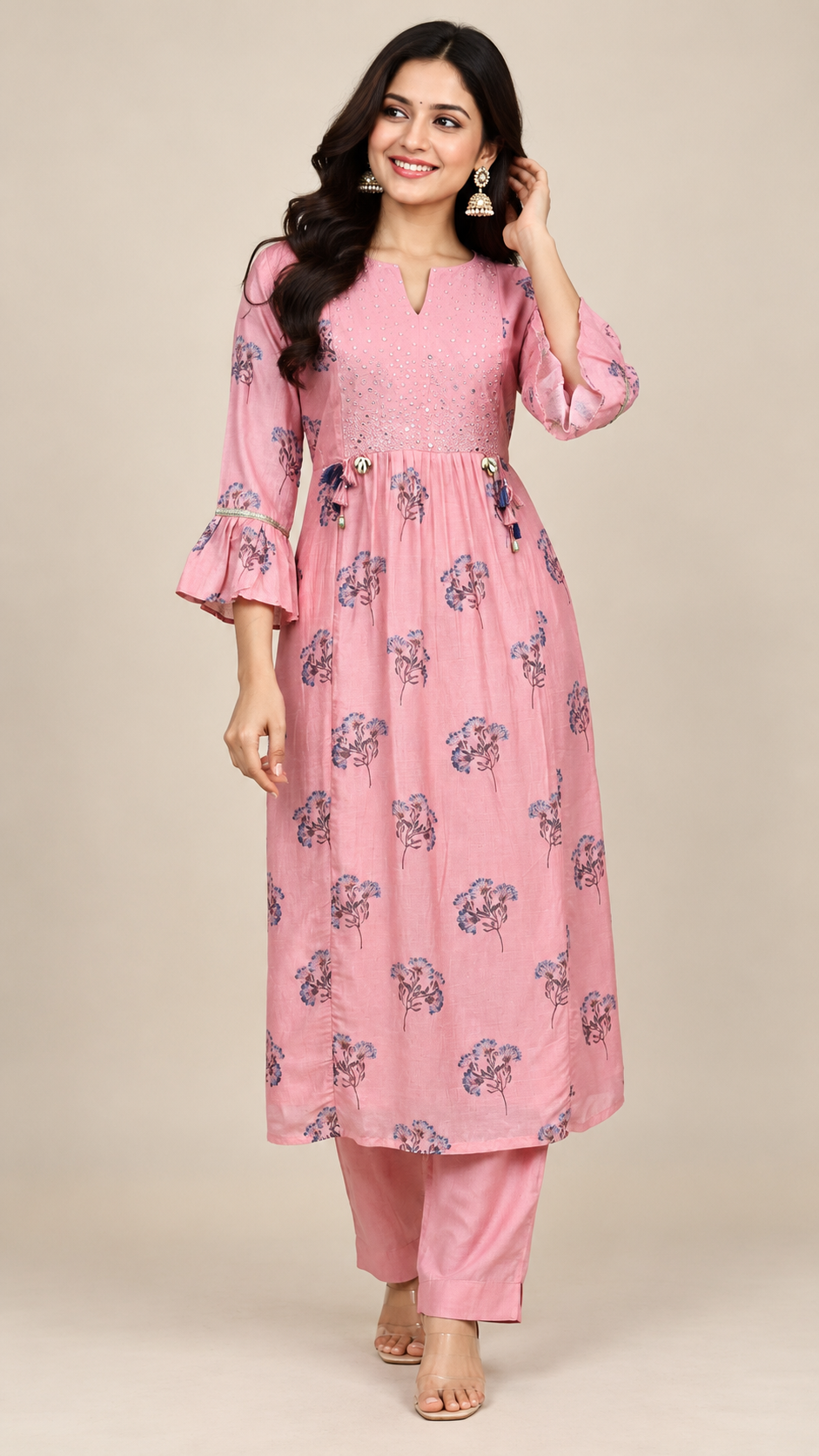 Elegant Baby Pink Floral Printed Soft Silk Kurta Pant Set