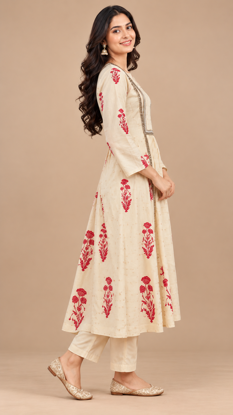 Elegant Ivory & Red Floral Printed Chanderi Silk Kurta Set with Dupatta