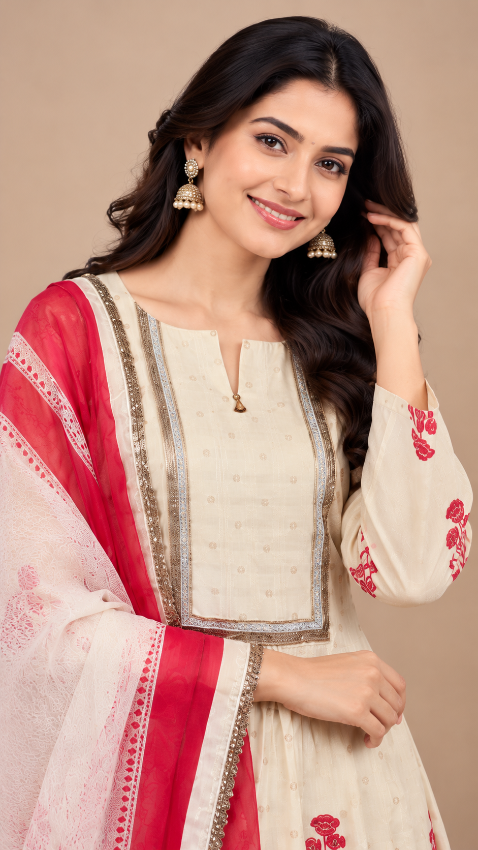 Elegant Ivory & Red Floral Printed Chanderi Silk Kurta Set with Dupatta