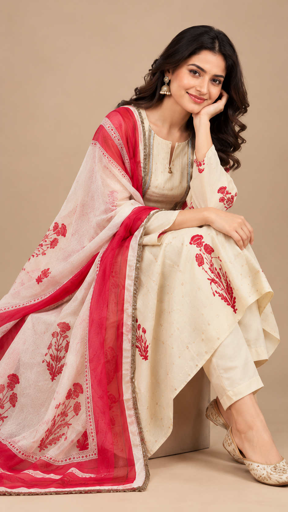 Elegant Ivory & Red Floral Printed Chanderi Silk Kurta Set with Dupatta