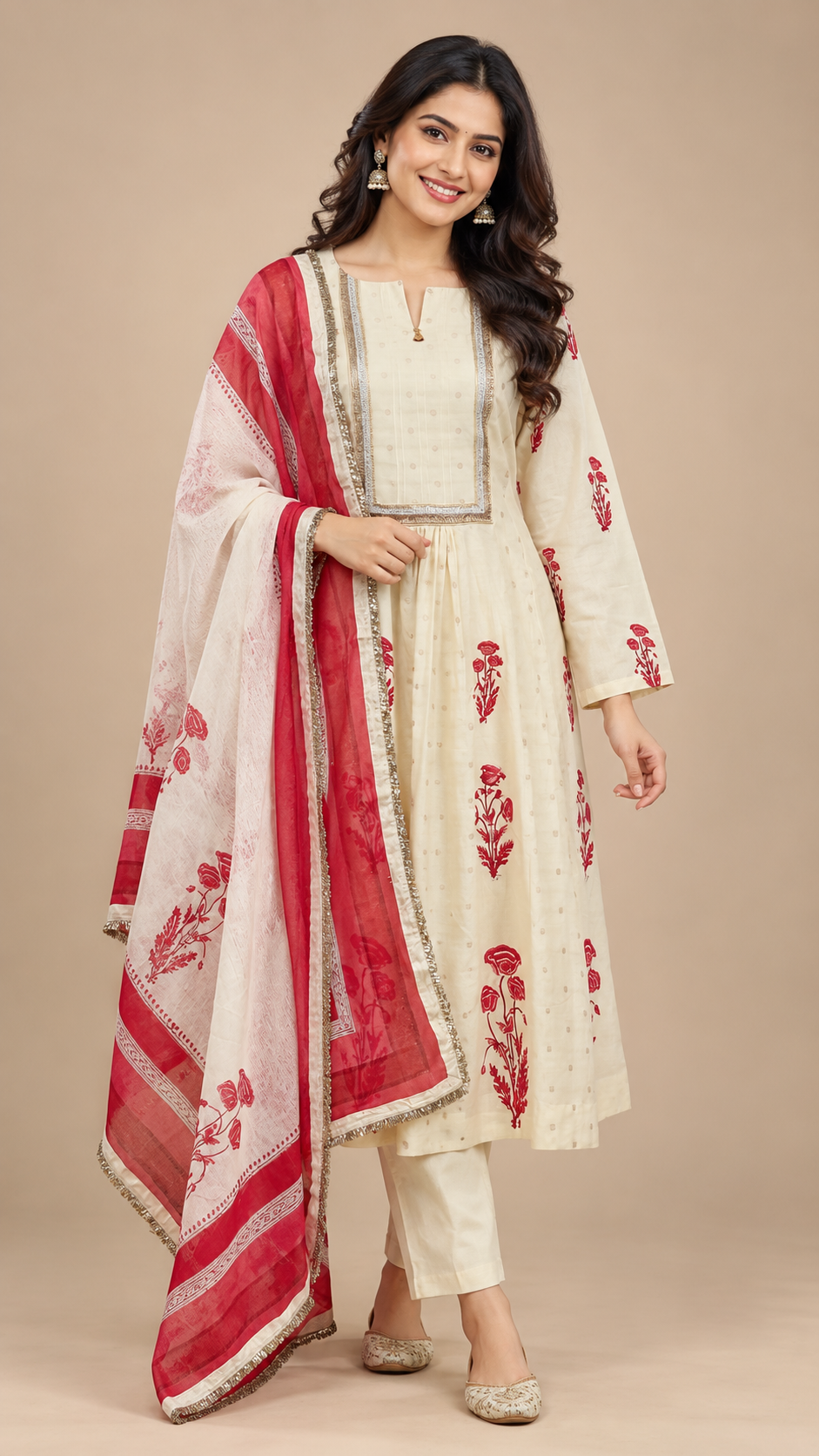 Elegant Ivory & Red Floral Printed Chanderi Silk Kurta Set with Dupatta