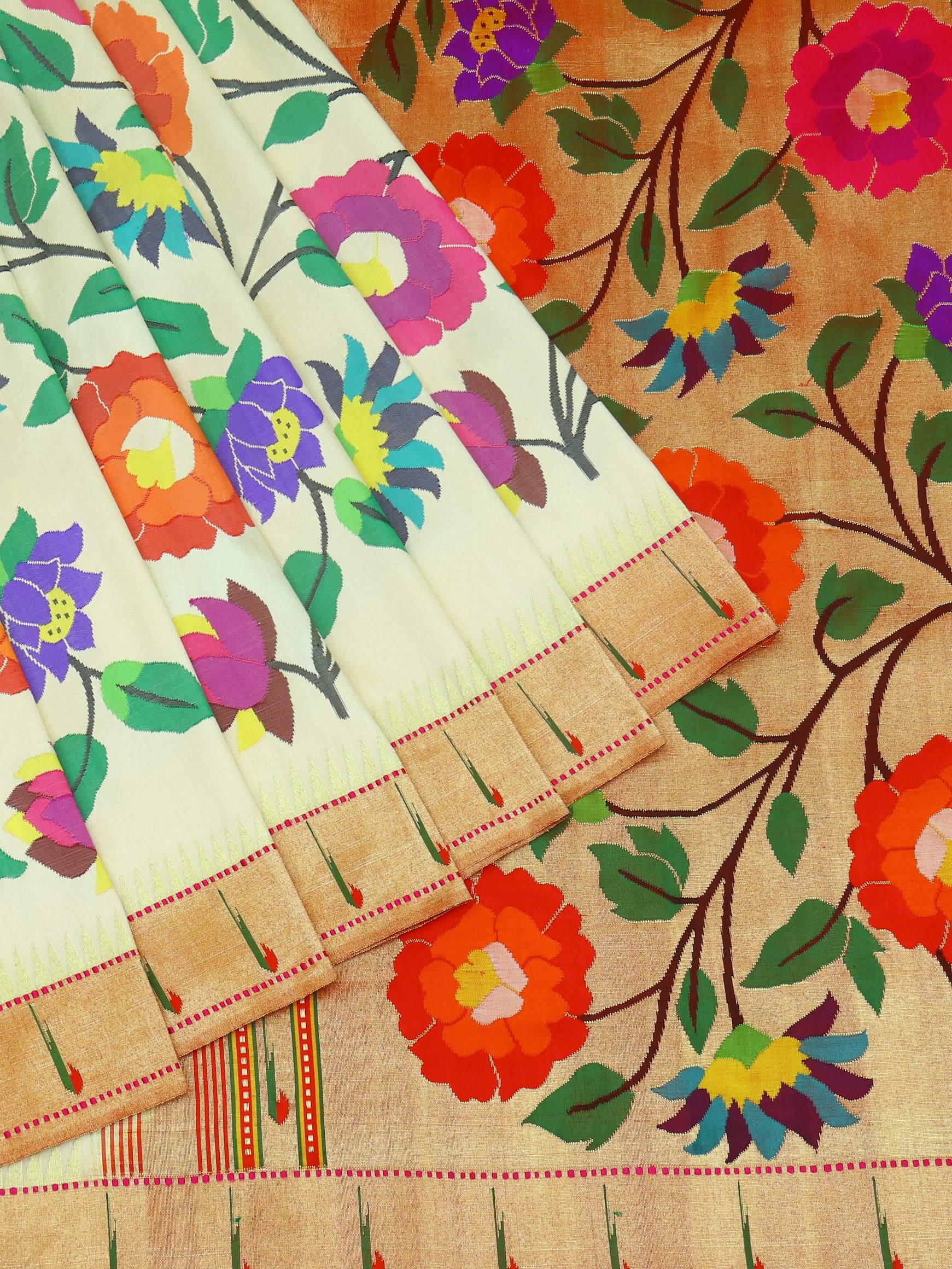 Floral Grandeur: Royal Cream Silk Paithani Saree