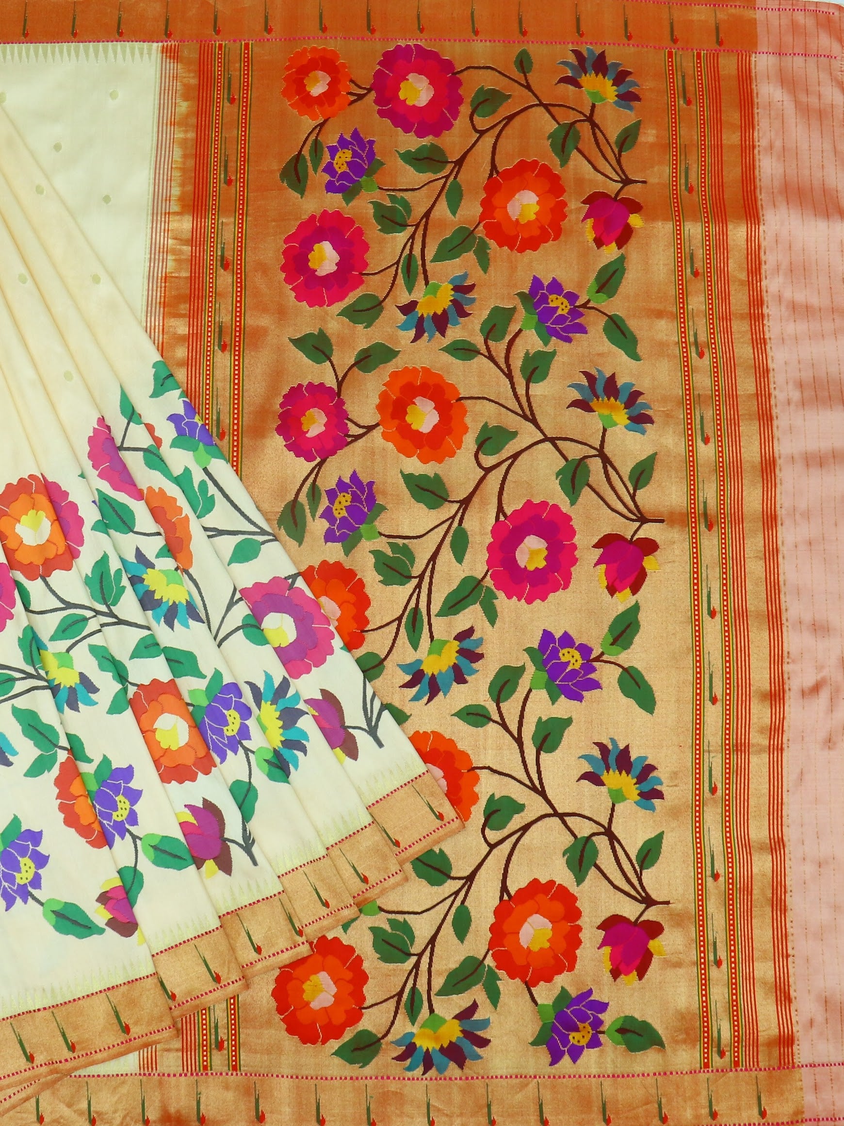 Floral Grandeur: Royal Cream Silk Paithani Saree
