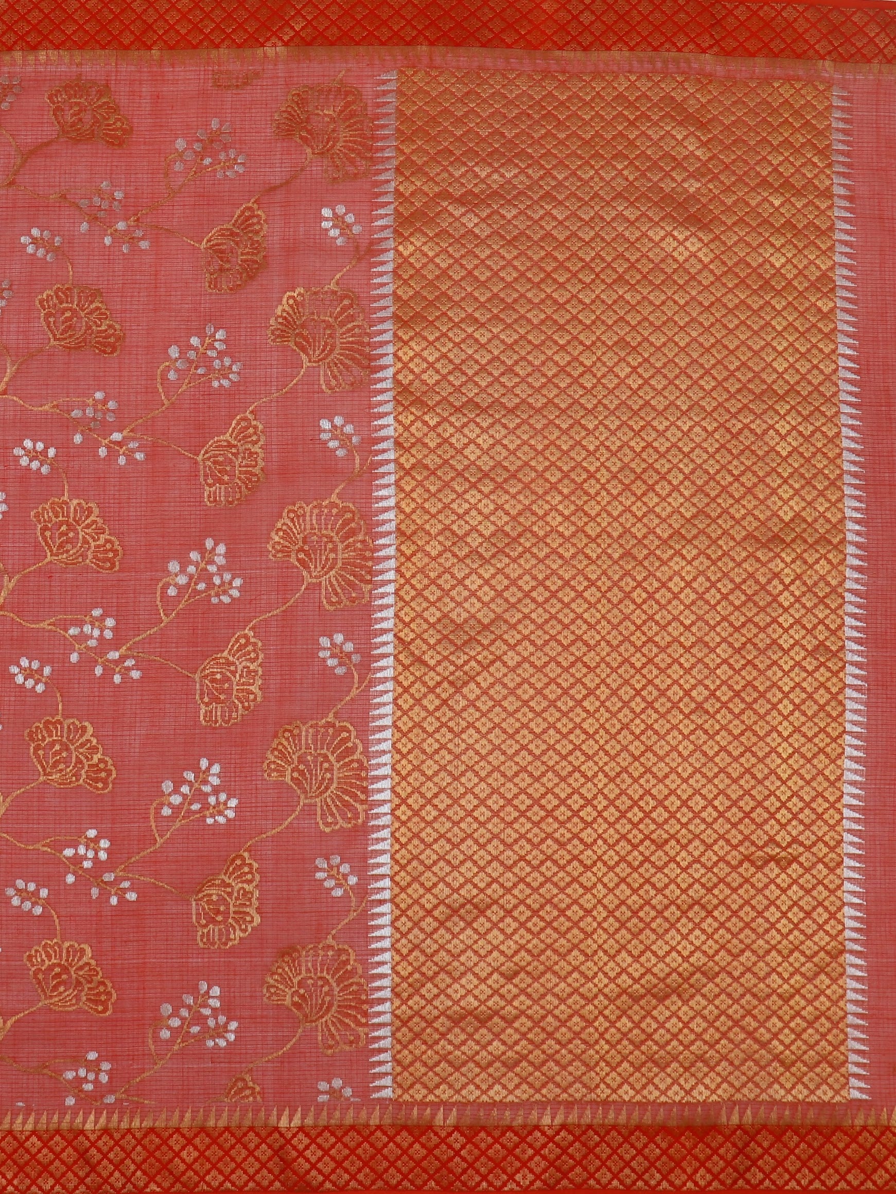Scarlet Elegance: Handwoven Zari Kota Silk Saree