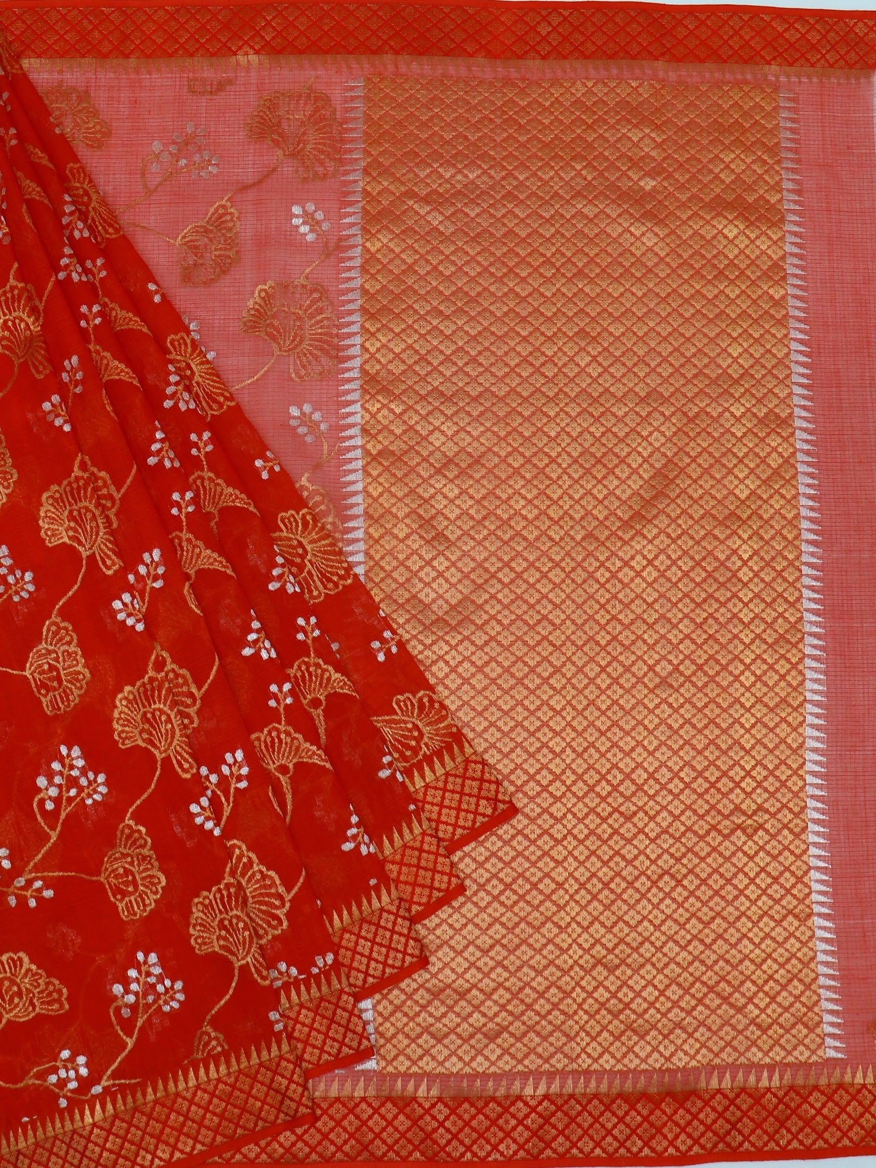 Scarlet Elegance: Handwoven Zari Kota Silk Saree