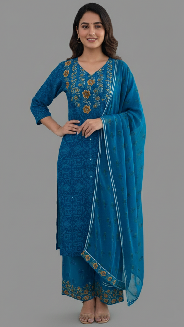 Blue Floral Straight Cut Set