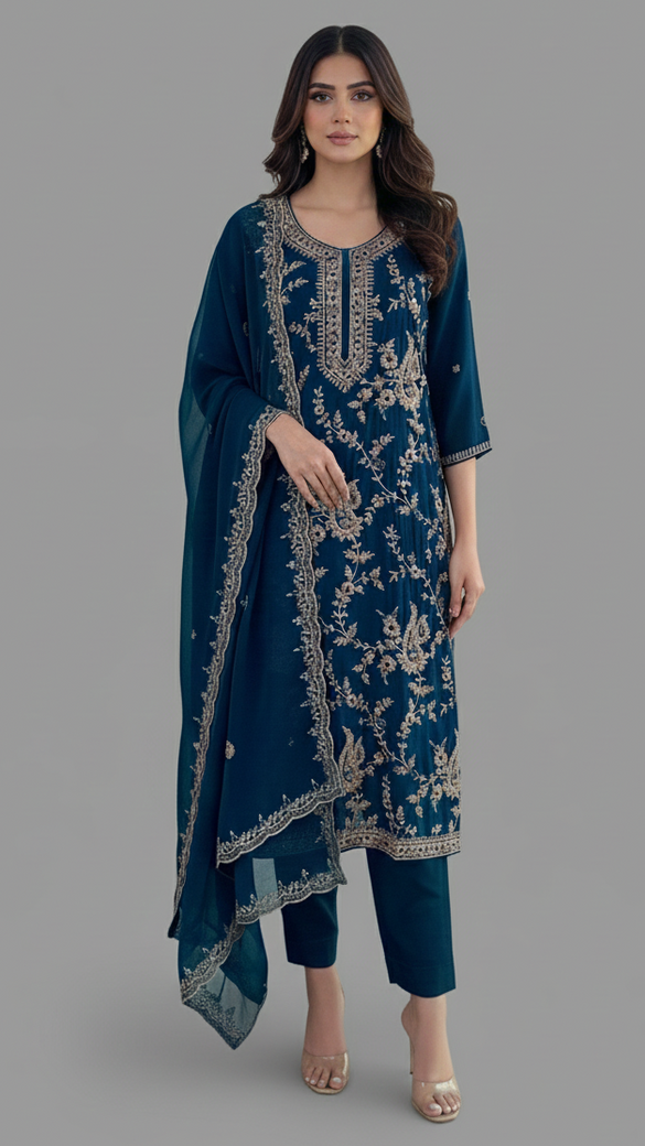 Straight Cut Suit Teal-Blue In Colour