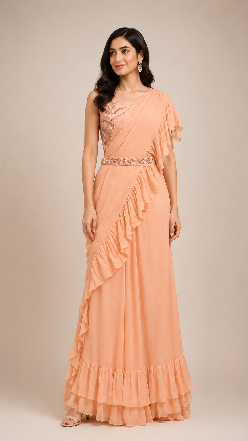Pastel Peach Ready-to-Wear Saree Gown with Embroidered Belt