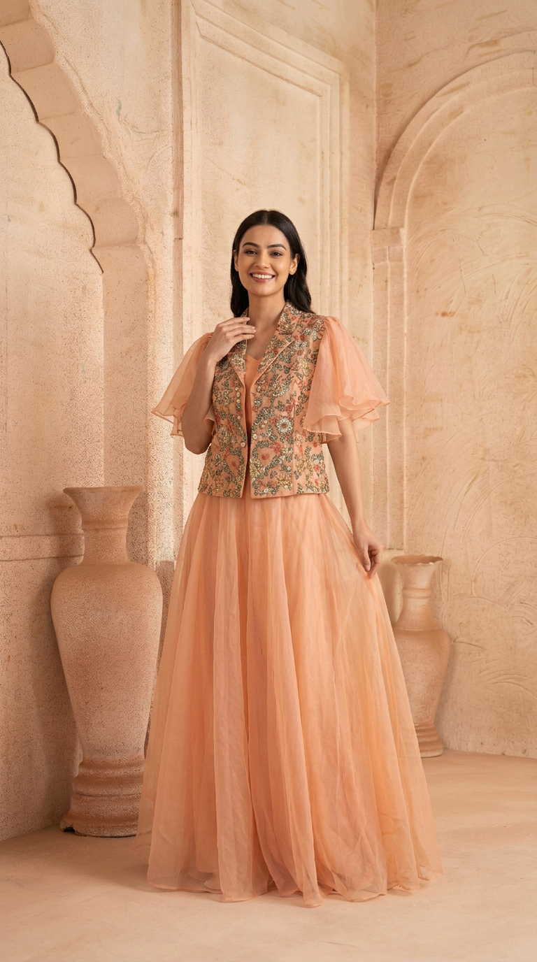 Organza Lehenga Peach In Colour