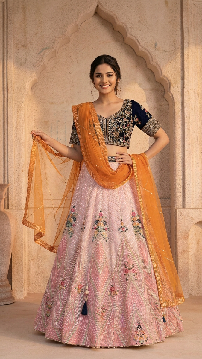 Peach Floral Lehenga Set With Hand Embroidery