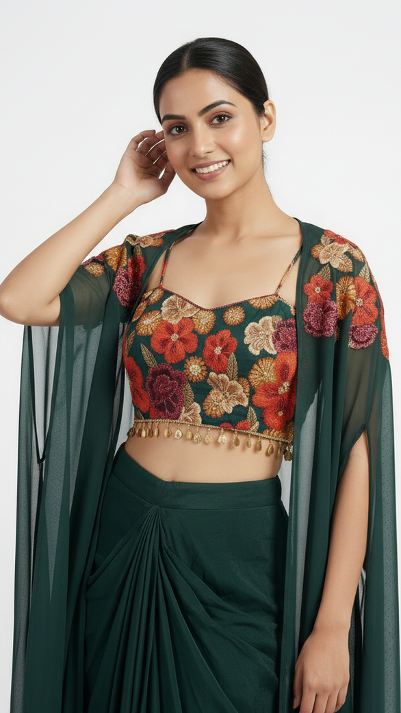 Exquisite Dark-Green Cape & Dhoti Set