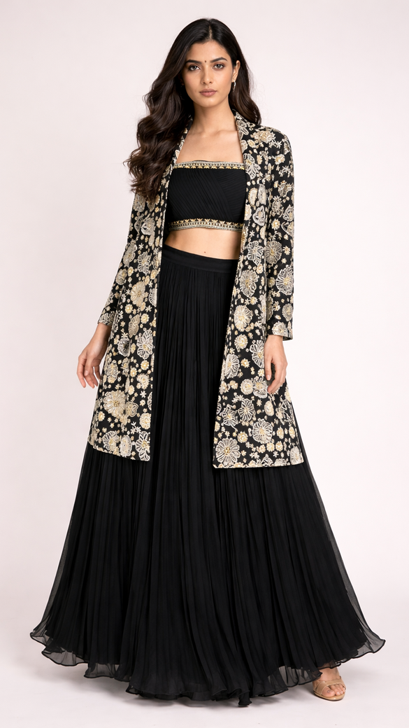 Midnight Black Floral Embroidered Jacket & Pleated Skirt Set