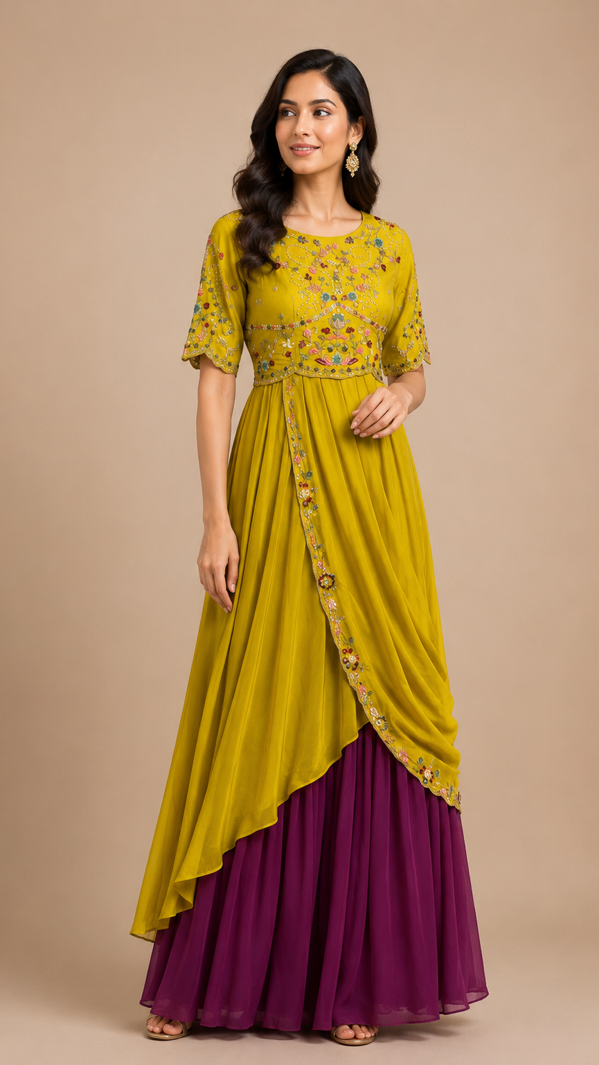 Mustard & Plum Asymmetrical Floral Fusion Set