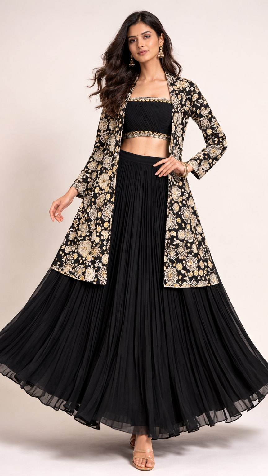 Midnight Black Floral Embroidered Jacket & Pleated Skirt Set