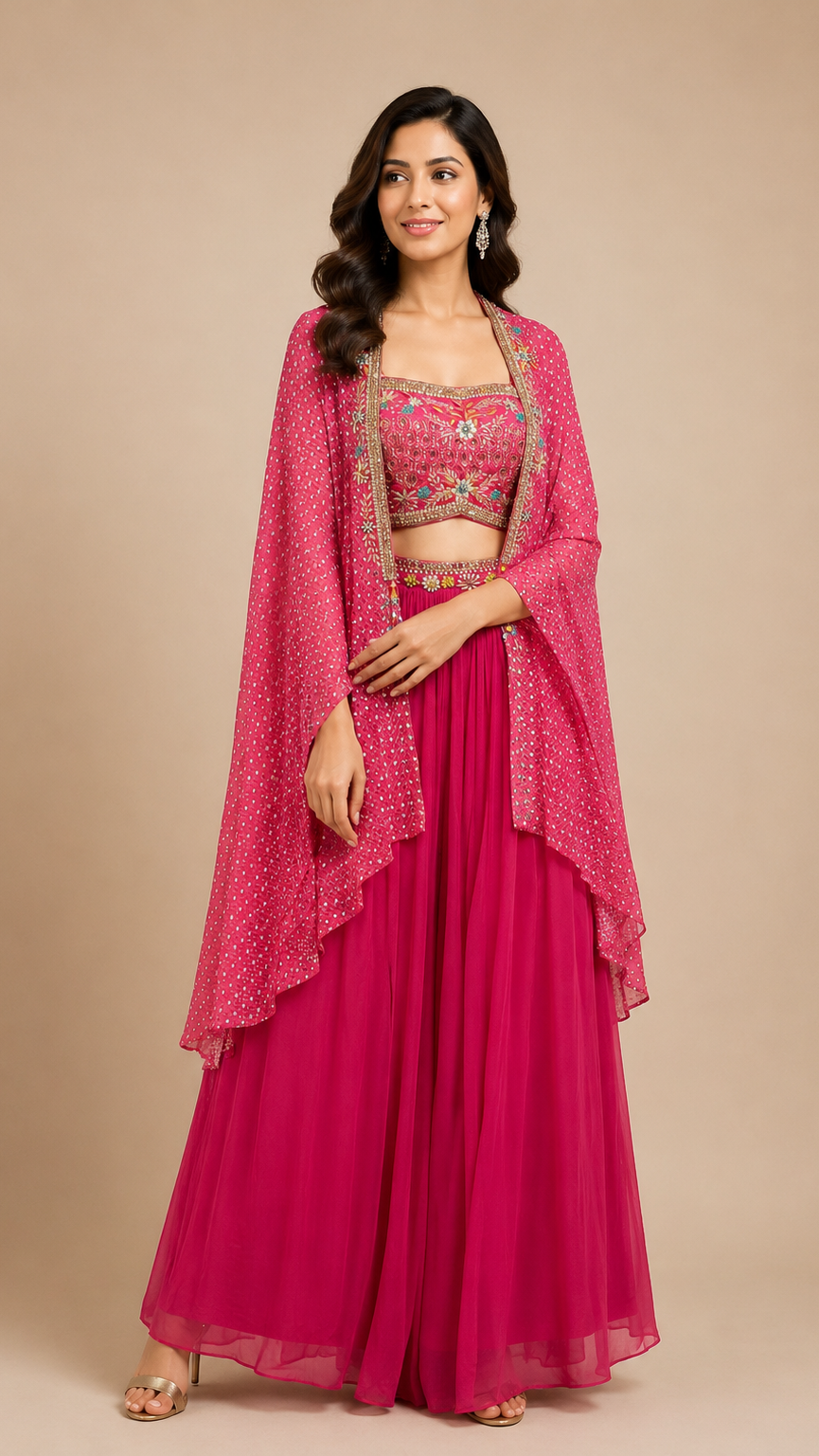 Rani Pink Floral Embroidered 3-Piece Cape Set