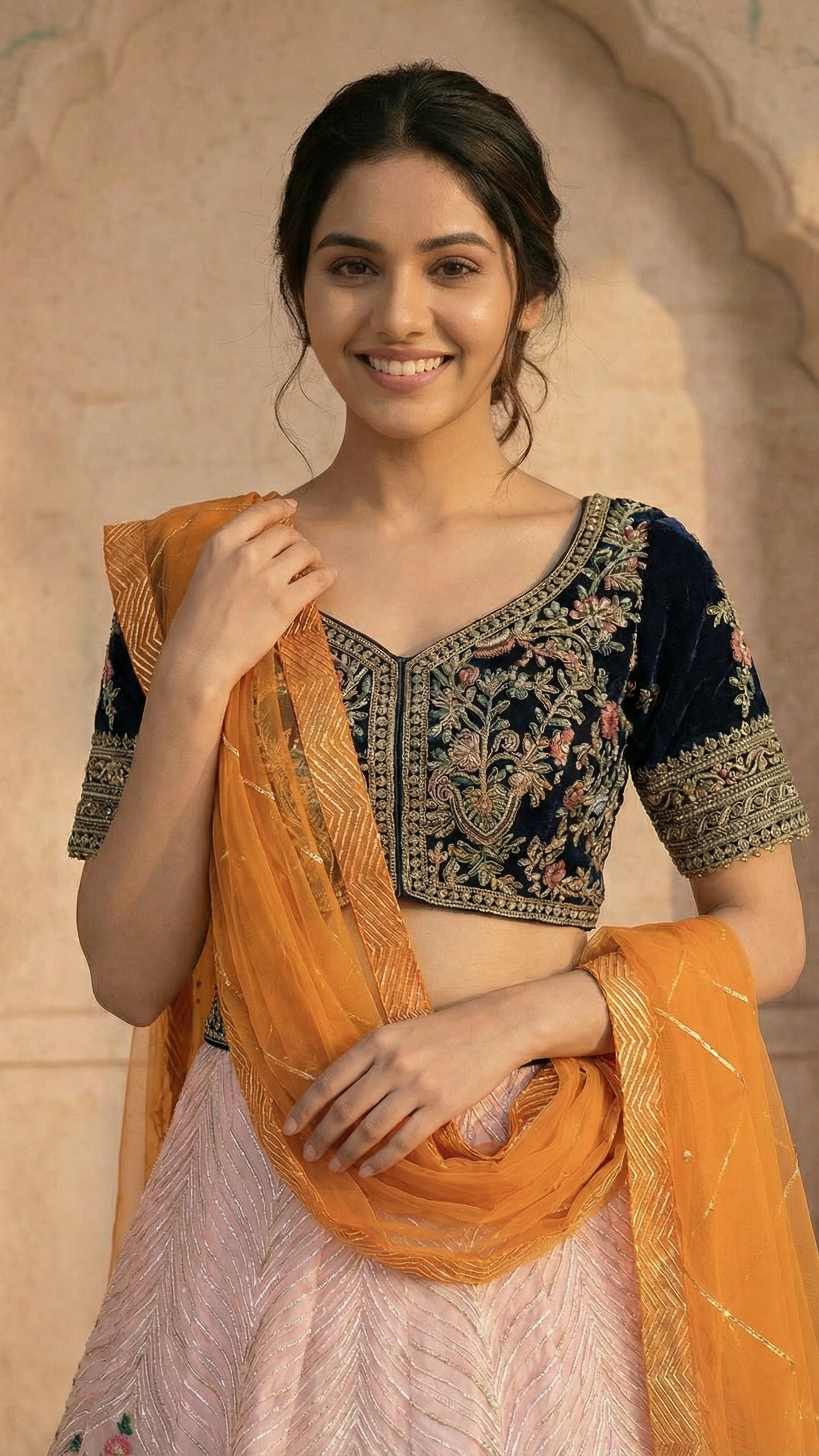 Peach Floral Lehenga Set With Hand Embroidery