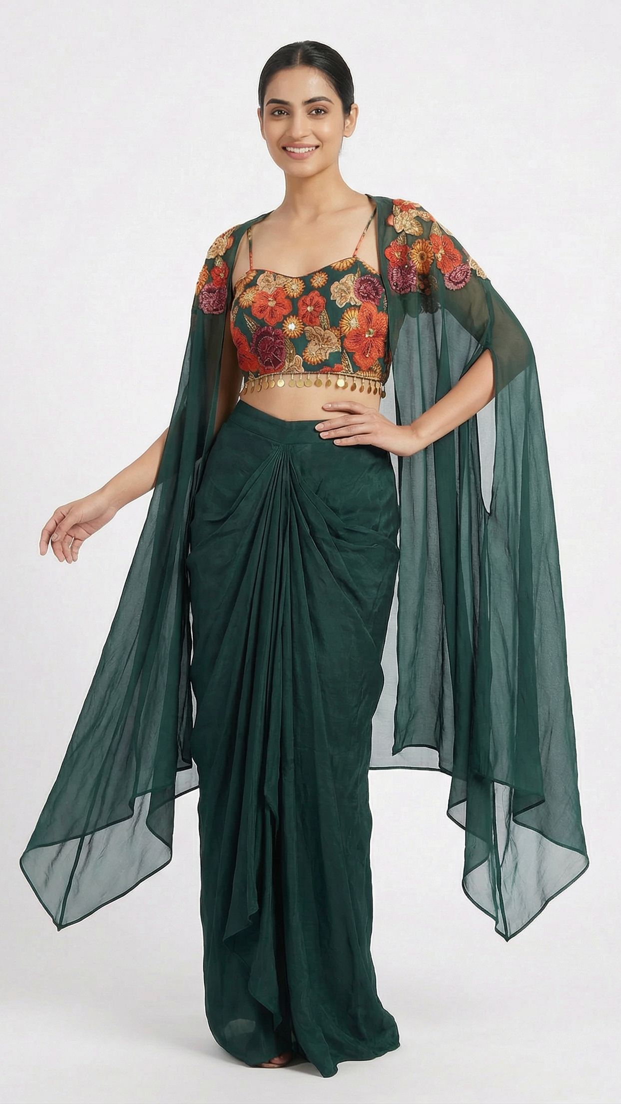 Exquisite Dark-Green Cape & Dhoti Set