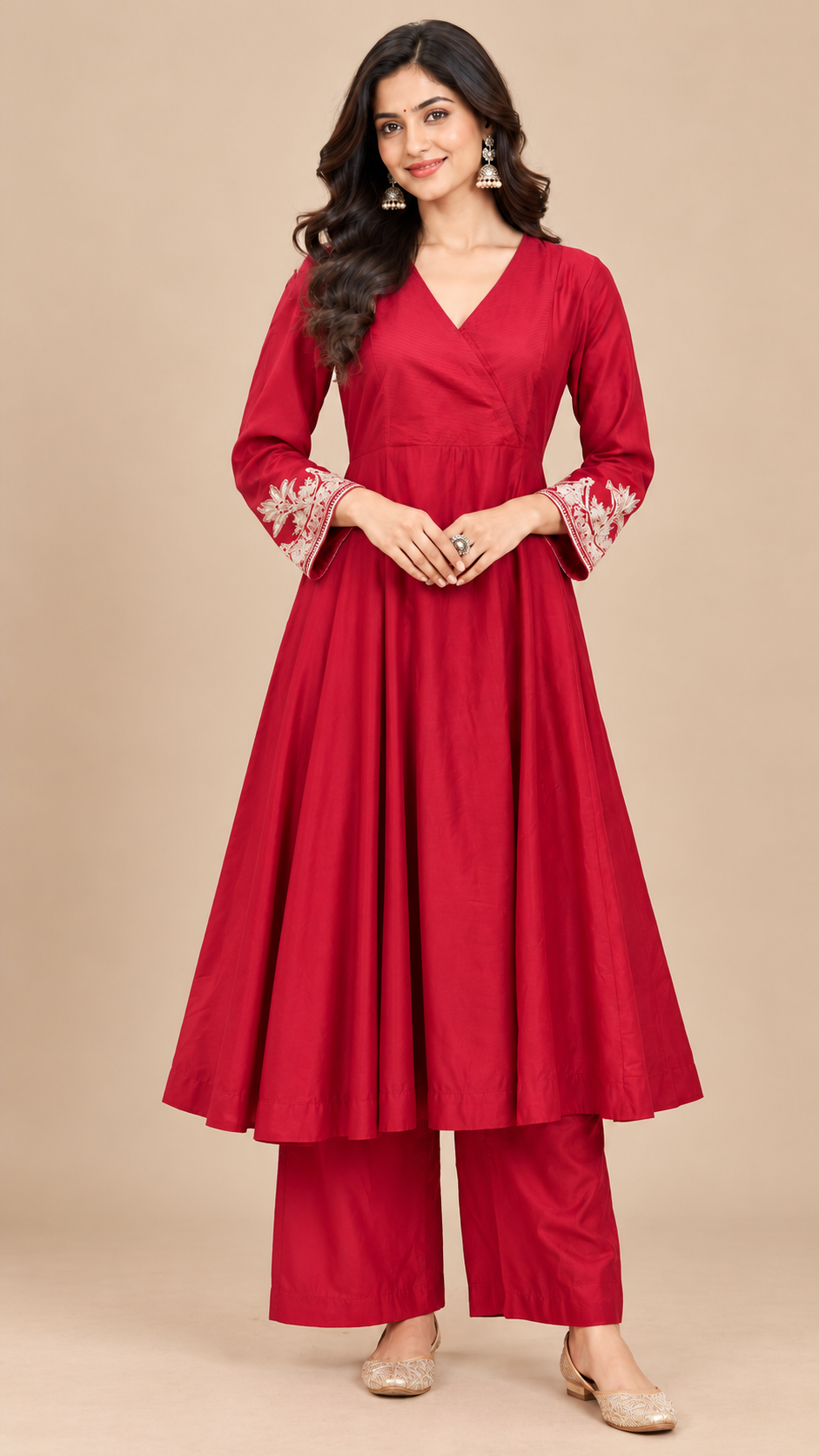 Elegant Red Silk Anarkali Kurta Set with Floral Embroidered Dupatta