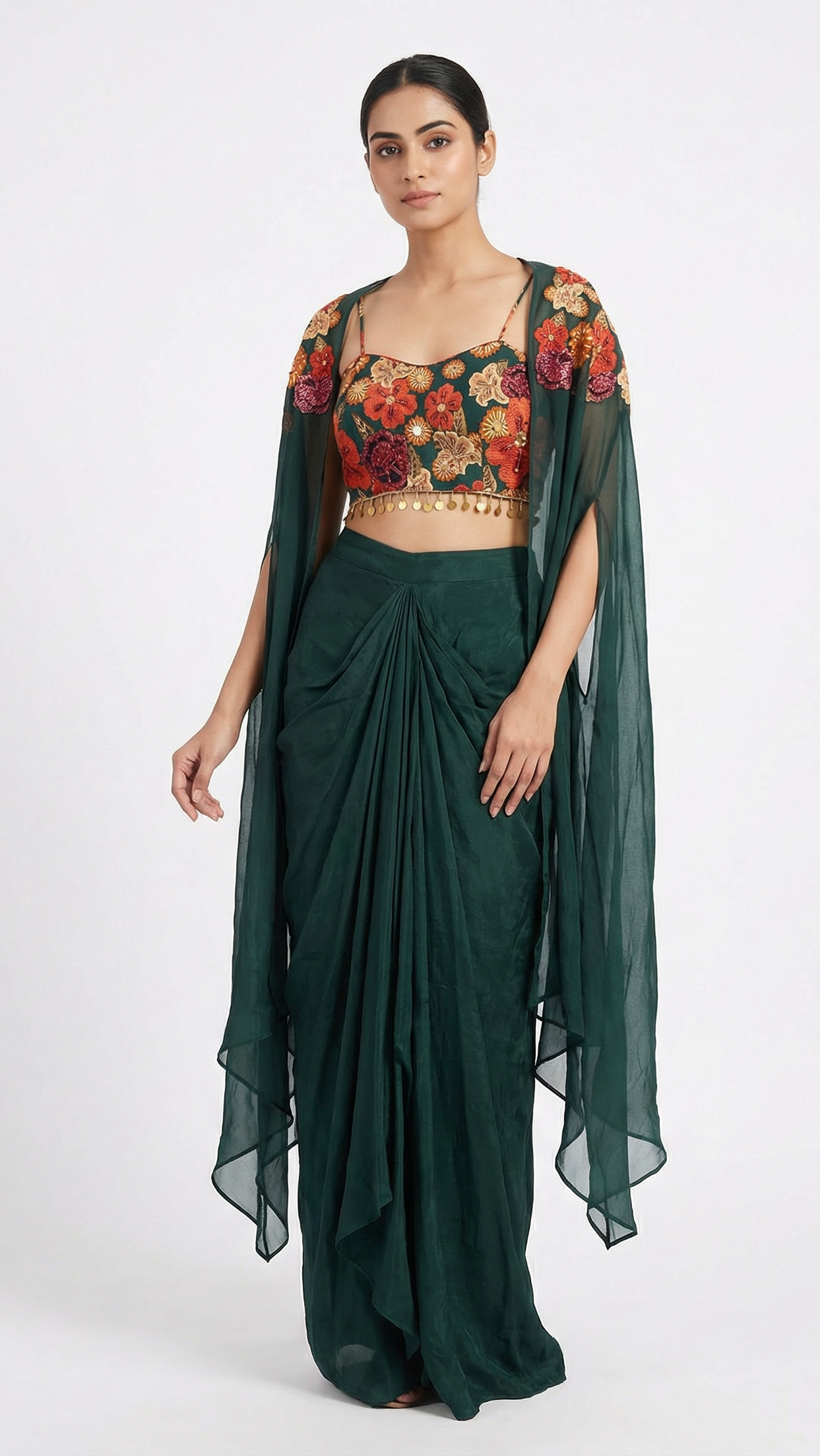 Exquisite Dark-Green Cape & Dhoti Set