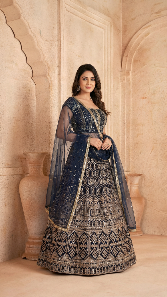 Navy-Blue Lehenga Set With Hand Embroidery