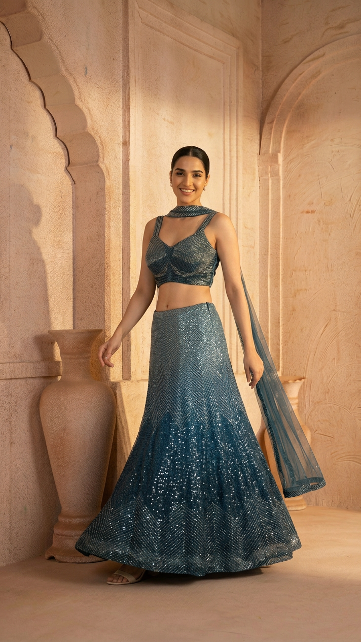 Multi-Colour Lehenga Set with Hand Embroidery