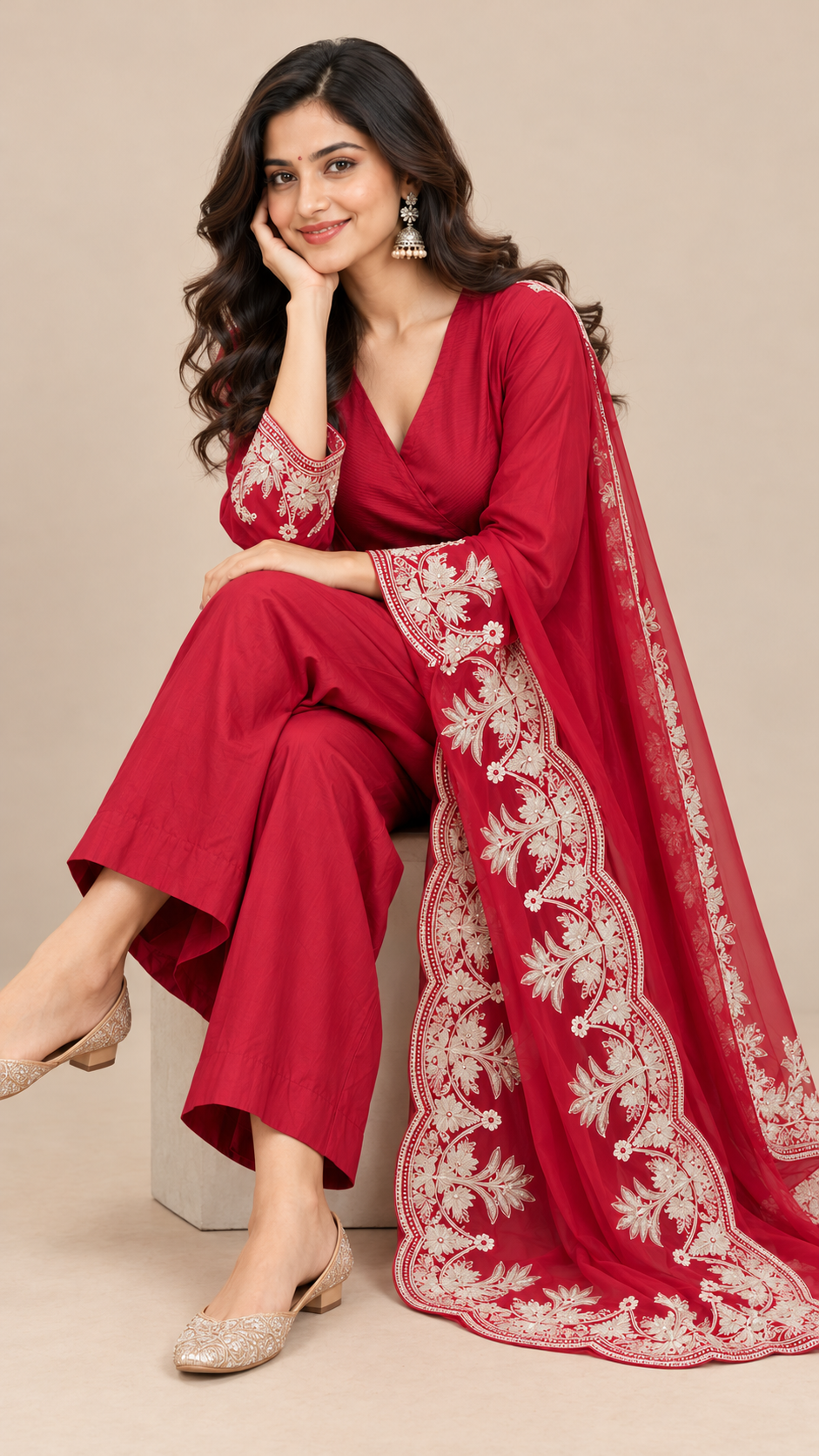 Elegant Red Silk Anarkali Kurta Set with Floral Embroidered Dupatta
